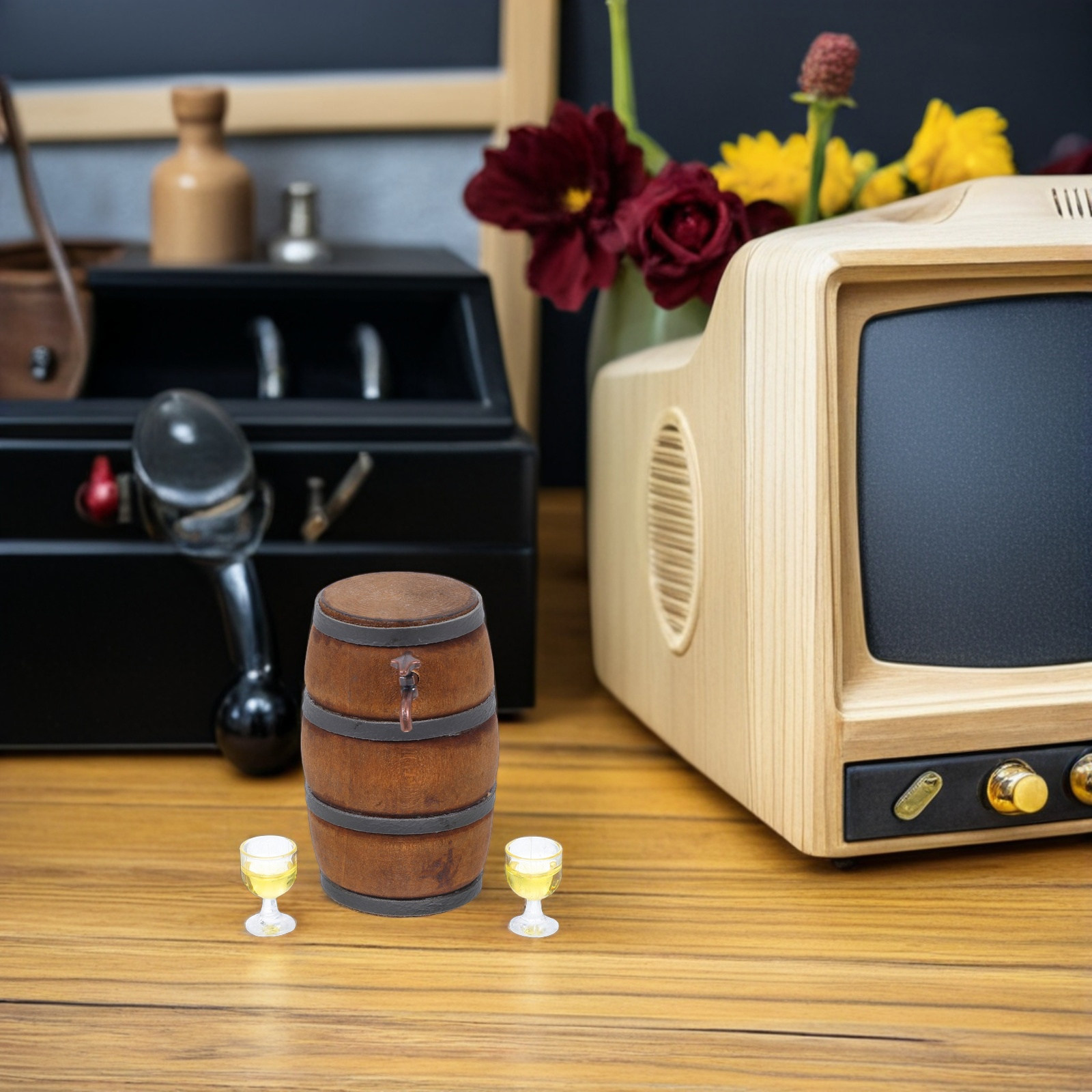 Vintage Collectible Glass - ミニワイン樽とグラスのセット、精巧な職人技によるドールハウス装飾、リアルなバーシーンのヴィンテージスタイル