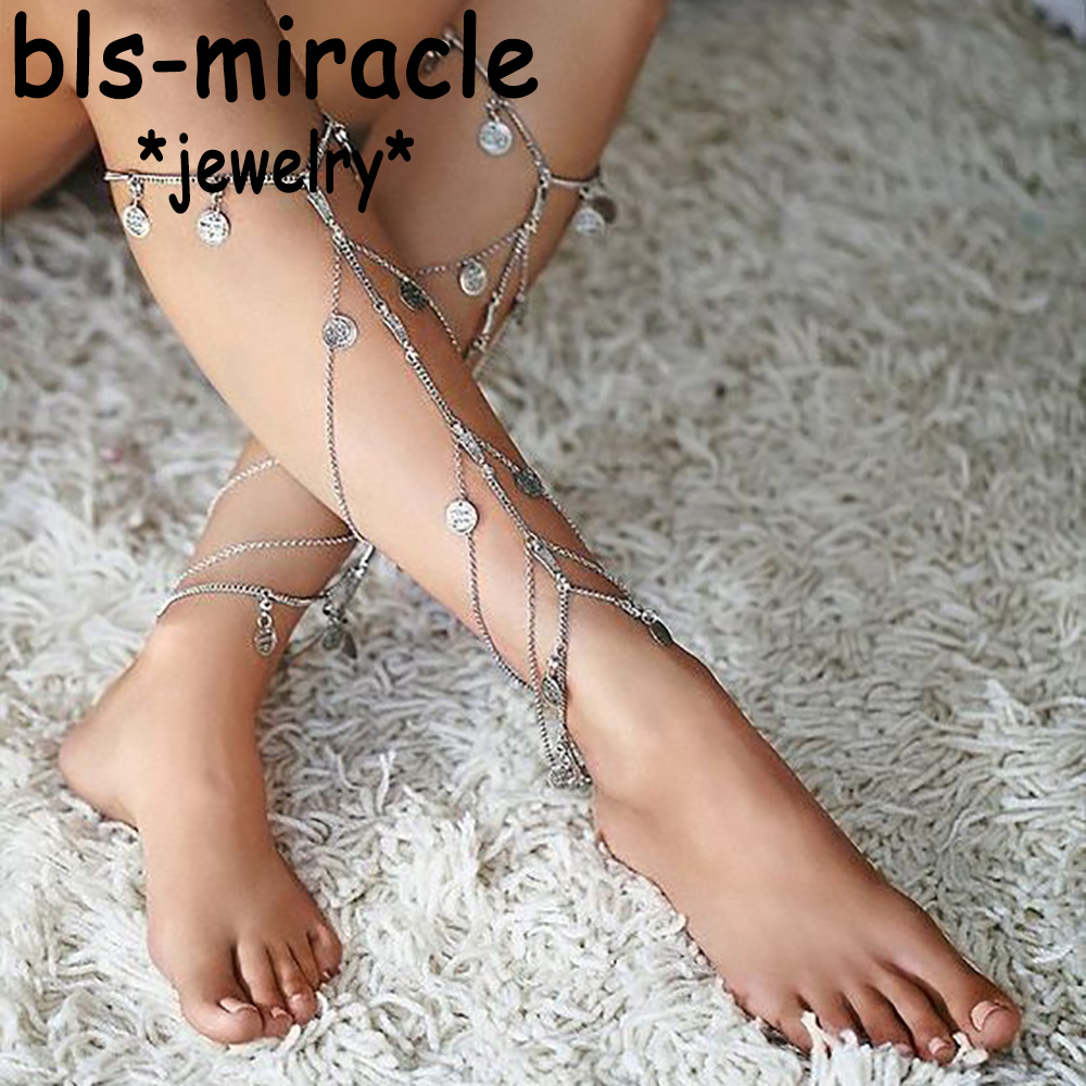 Vintage Collectible Coins - Bls-miracle 夏ボヘミアンスタイルフットジュエリーパンクヴィンテージシルバーカラーコイン形状タッセルアンクレットギフト女性のためのビーチ A-53