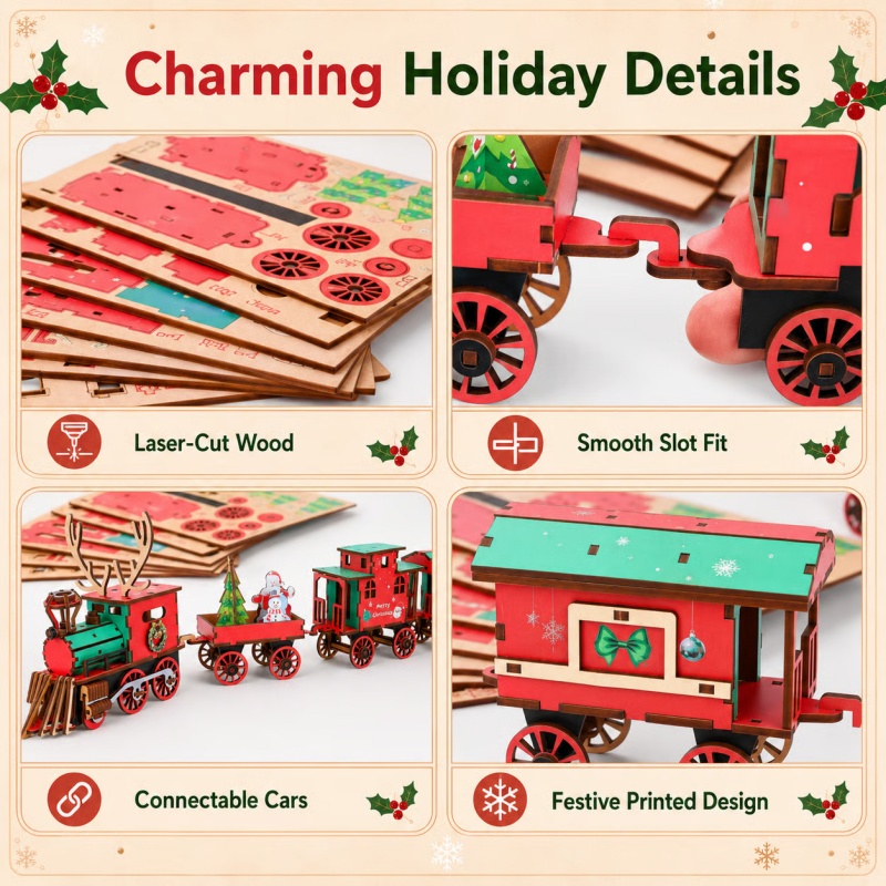新しいクリスマス木製列車セット DIY手作りクラフト ヴィン - Vintage Collectible Christmas Ornaments のレビューと価格