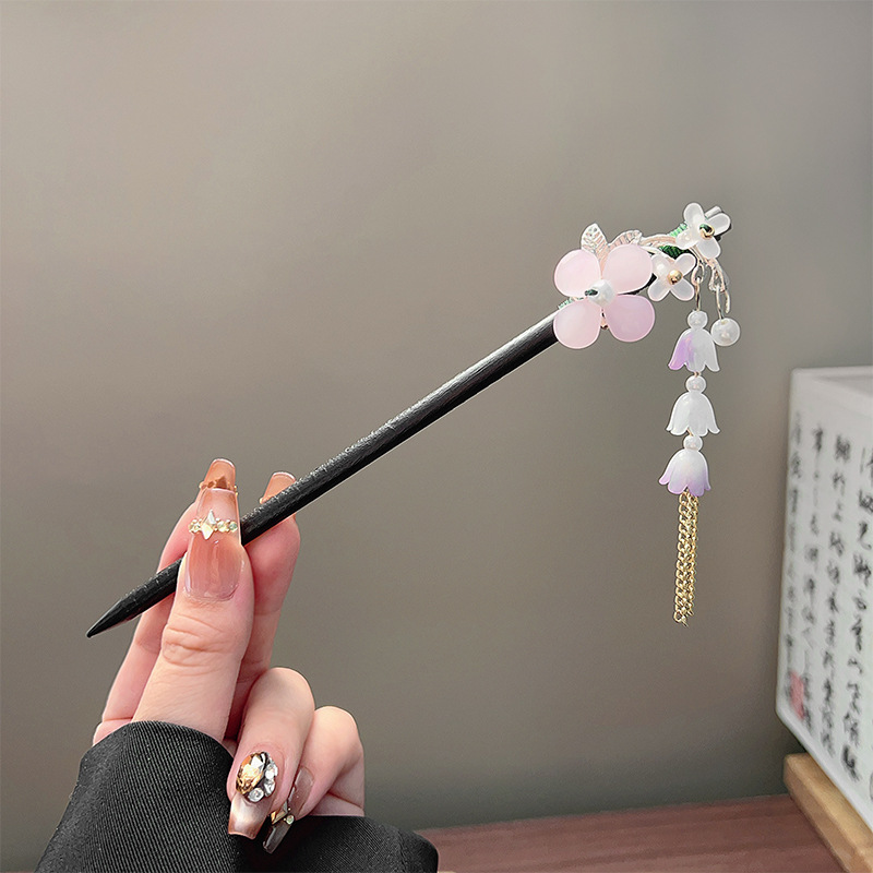 クラシックタッセルヘアスティック黒木製フラワーパールヘアピン - Vintage Collectible Item のレビューと価格